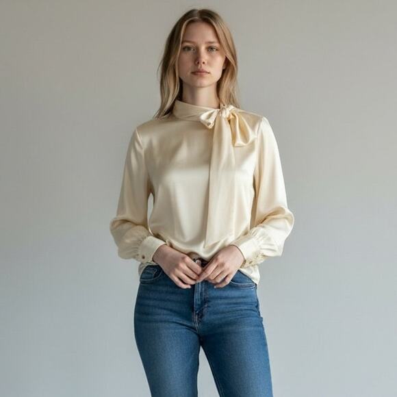 J.CREW COLLECTION CREAM SILK BLOUSE WITH TIE NECK WOMEN SIZE SMALL - Picture 13 of 14